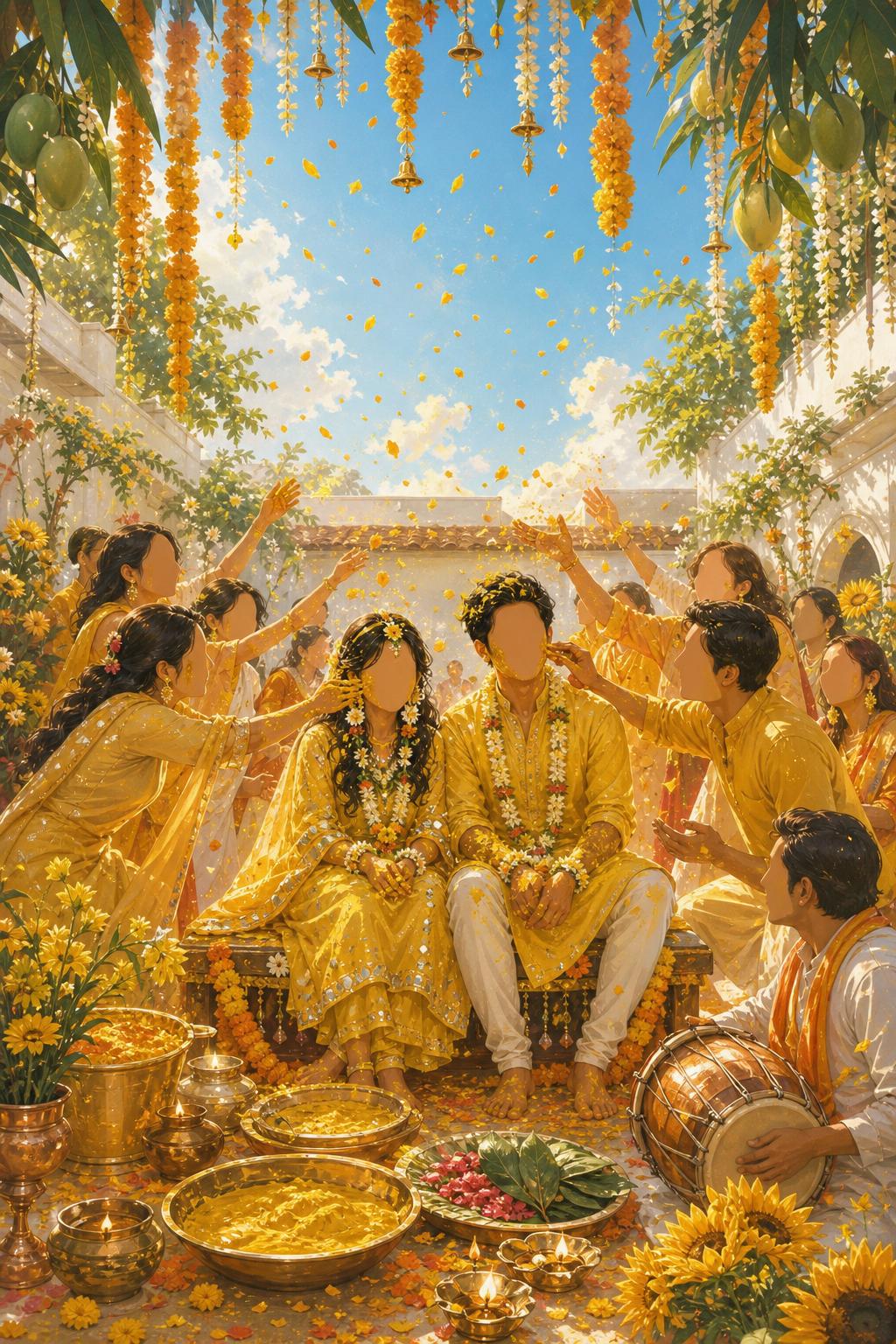 Painterly illustration of an Indian Haldi ceremony as a sunlit carnival