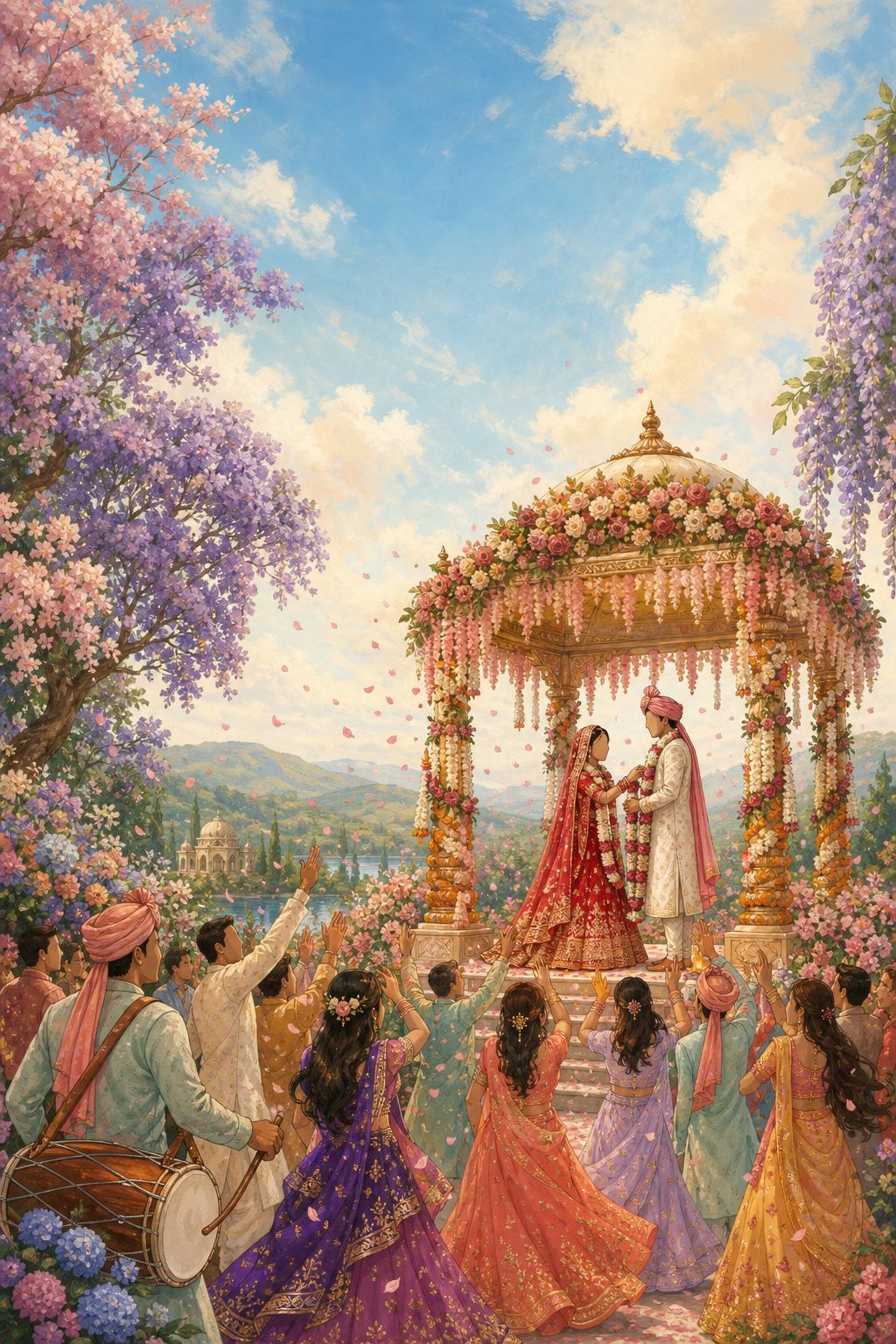 Painterly illustration of an Indian wedding ceremony in an enchanted garden
