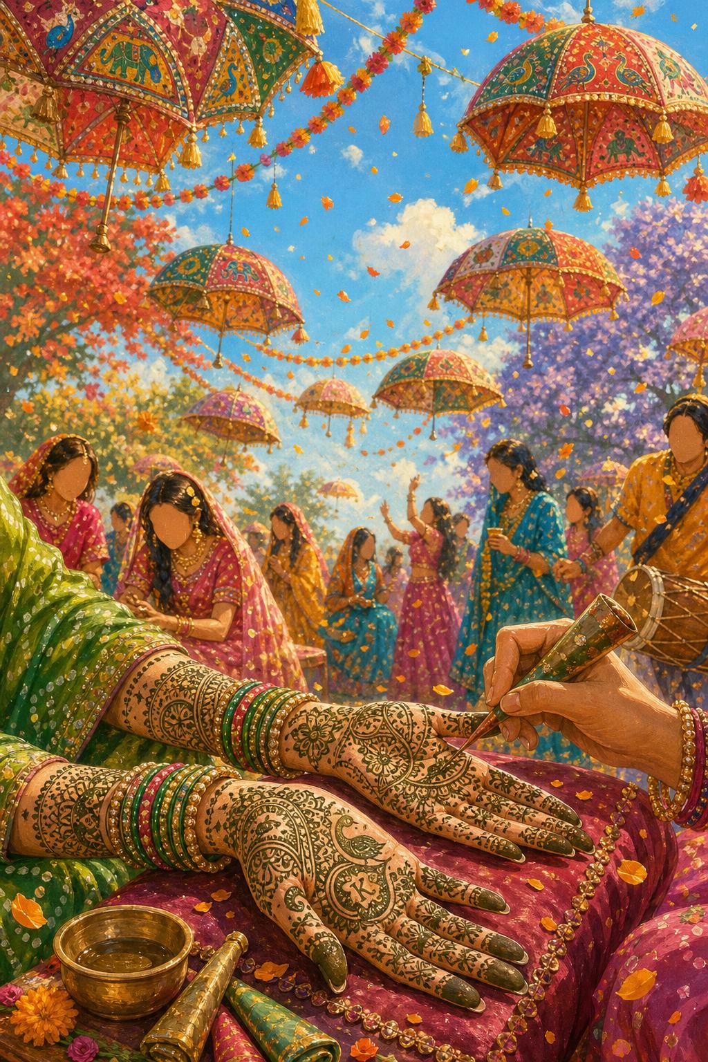Painterly illustration of an Indian Mehendi ceremony under a patola umbrella canopy